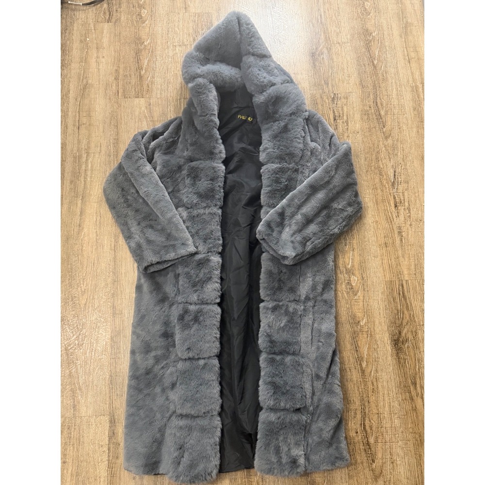 Fhillinuo Gray Faux Fur Hooded Coat Tiered Long Jacket Size 14 Luxe Winter Wear
